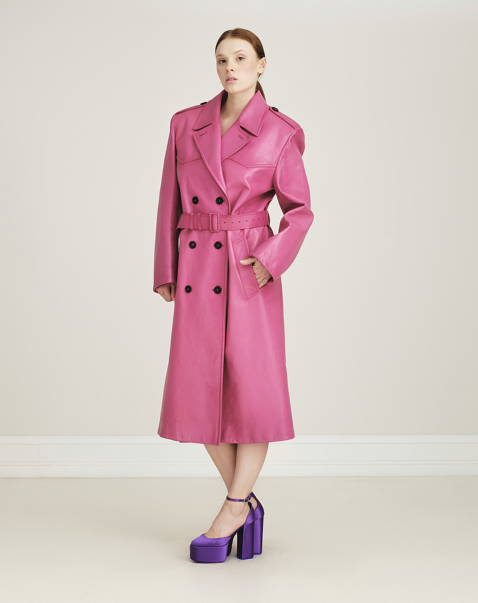 Prada- Pink Leather Double Breasted Trenchcoat 40 SIZE